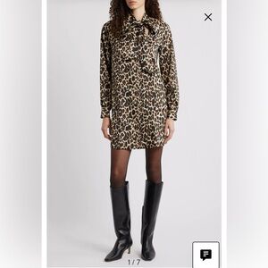 Caslon x Nordstrom Leopard Print Long Sleeve Tie Neck Shift Dress Size M